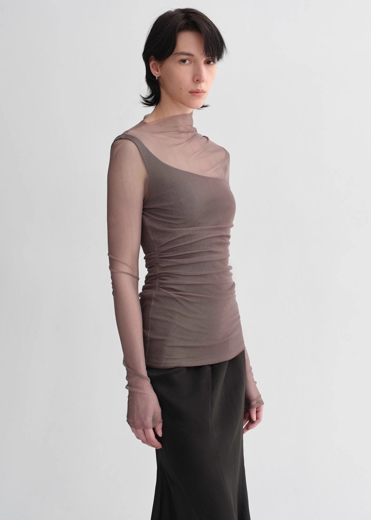 Double - layer transparent oblique collar pinched pleat half - high collar slim fit fake two - piece knitted T-shirt tops for women - variant_title