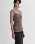 Double - layer transparent oblique collar pinched pleat half - high collar slim fit fake two - piece knitted T-shirt tops for women - variant_title