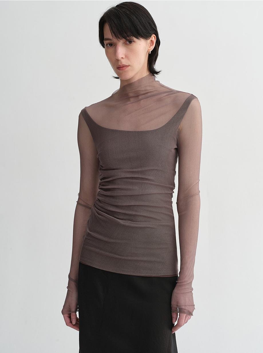 Double - layer transparent oblique collar pinched pleat half - high collar slim fit fake two - piece knitted T-shirt tops for women - variant_title