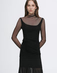 Double - layer transparent oblique collar pinched pleat half - high collar slim fit fake two - piece knitted T-shirt tops for women - variant_title