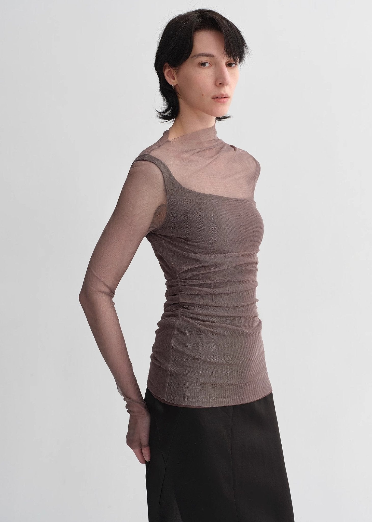 Double - layer transparent oblique collar pinched pleat half - high collar slim fit fake two - piece knitted T-shirt tops for women - variant_title