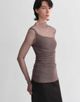 Double - layer transparent oblique collar pinched pleat half - high collar slim fit fake two - piece knitted T-shirt tops for women - variant_title