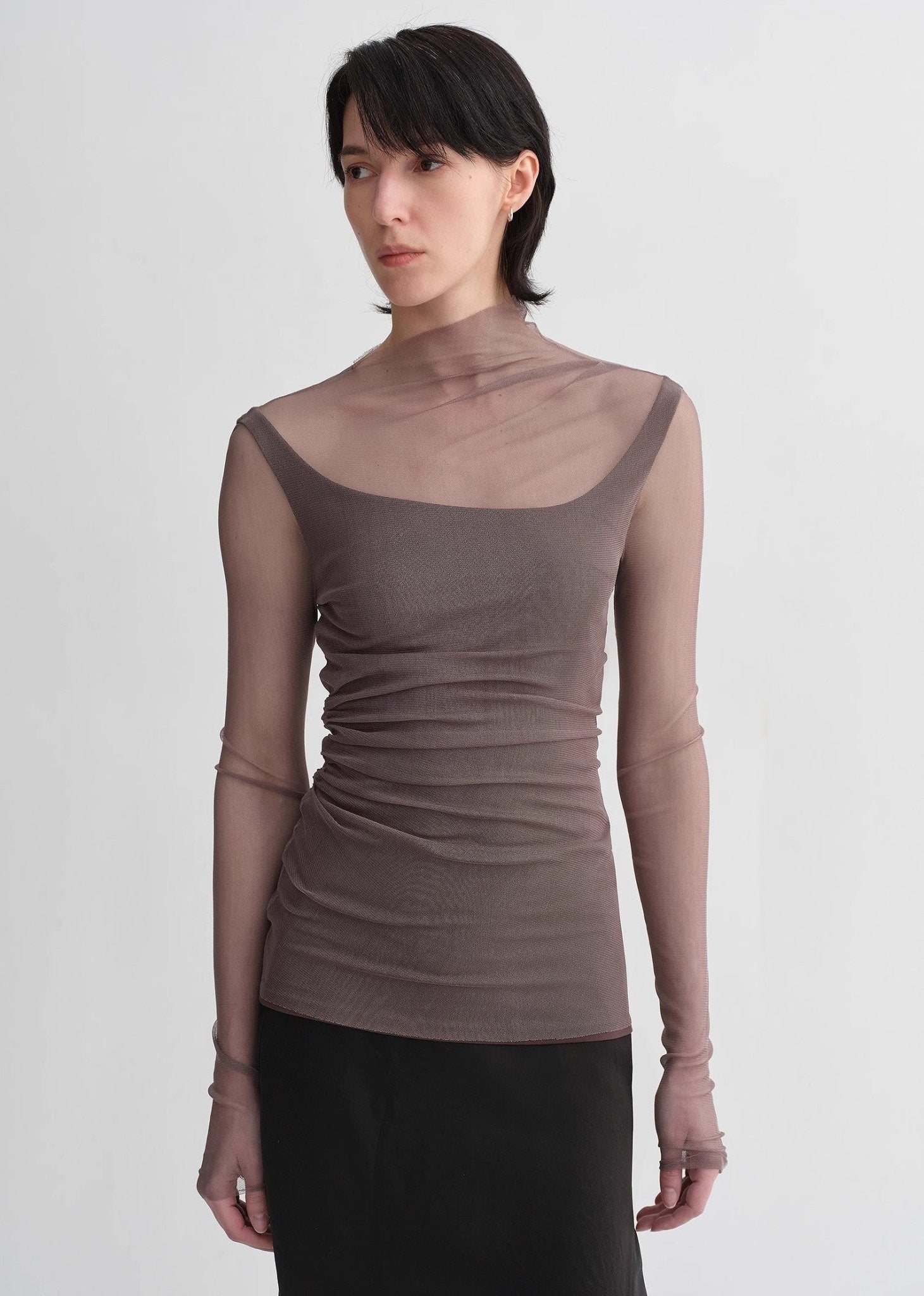 Double - layer transparent oblique collar pinched pleat half - high collar slim fit fake two - piece knitted T-shirt tops for women - variant_title