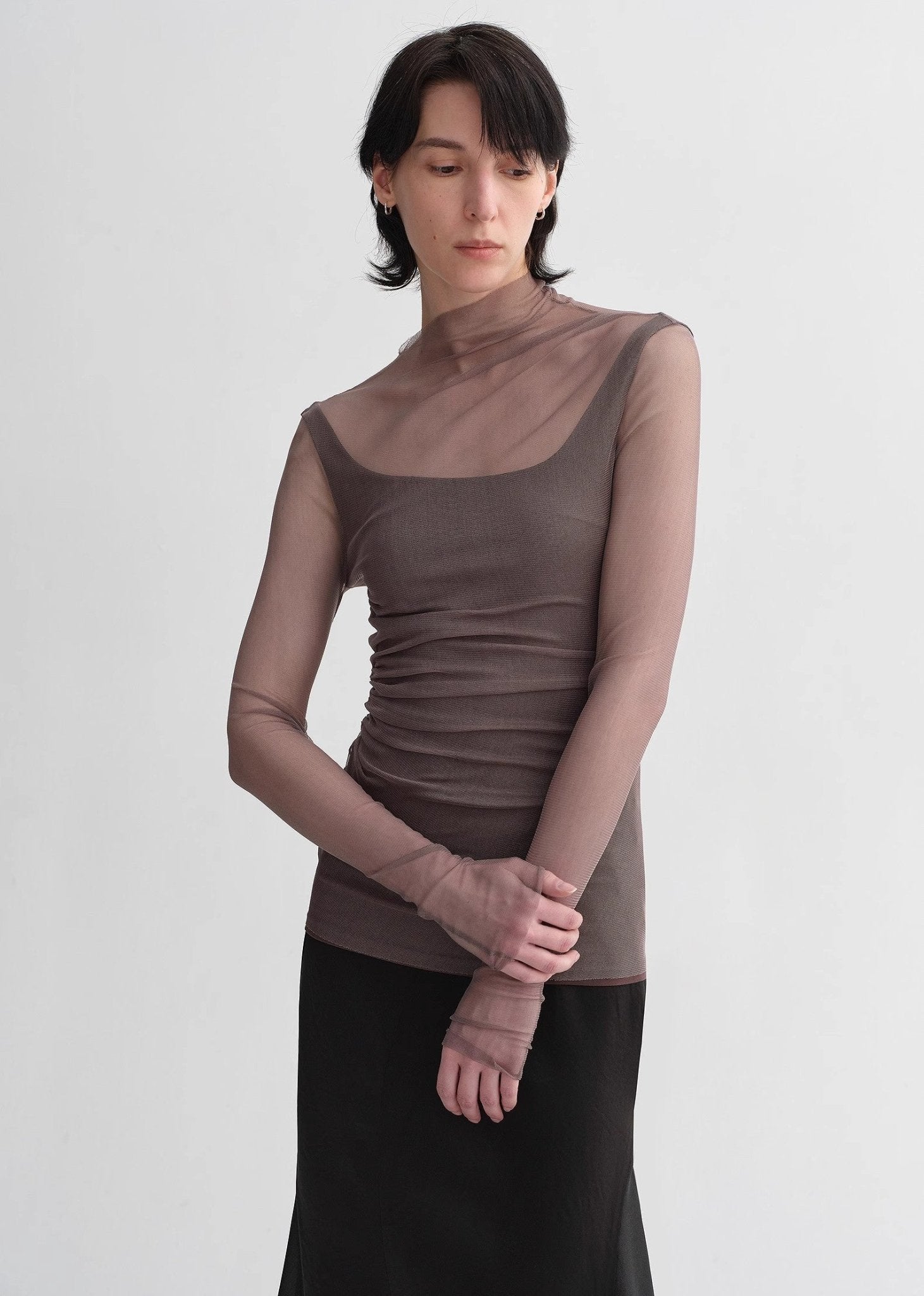 Double - layer transparent oblique collar pinched pleat half - high collar slim fit fake two - piece knitted T-shirt tops for women - variant_title