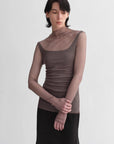 Double - layer transparent oblique collar pinched pleat half - high collar slim fit fake two - piece knitted T-shirt tops for women - variant_title