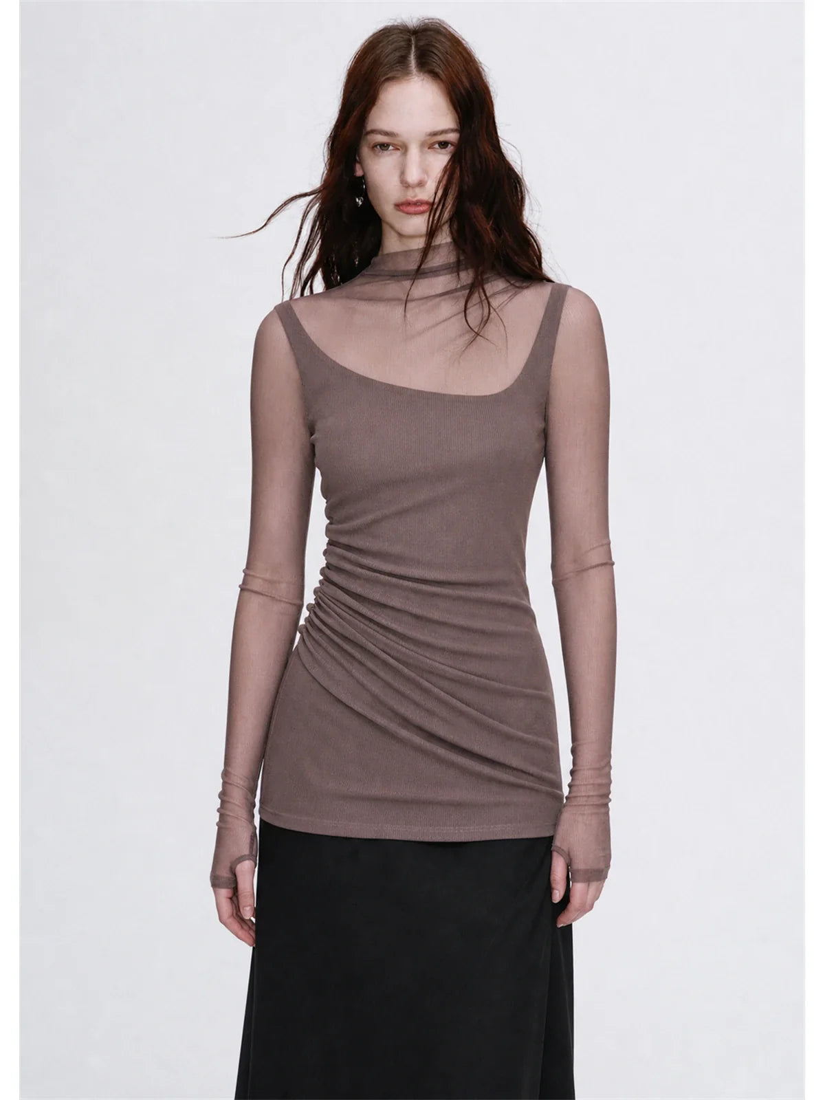 Pink brown double-layer transparent oblique collar fake two-piece knit top on EVA model front view