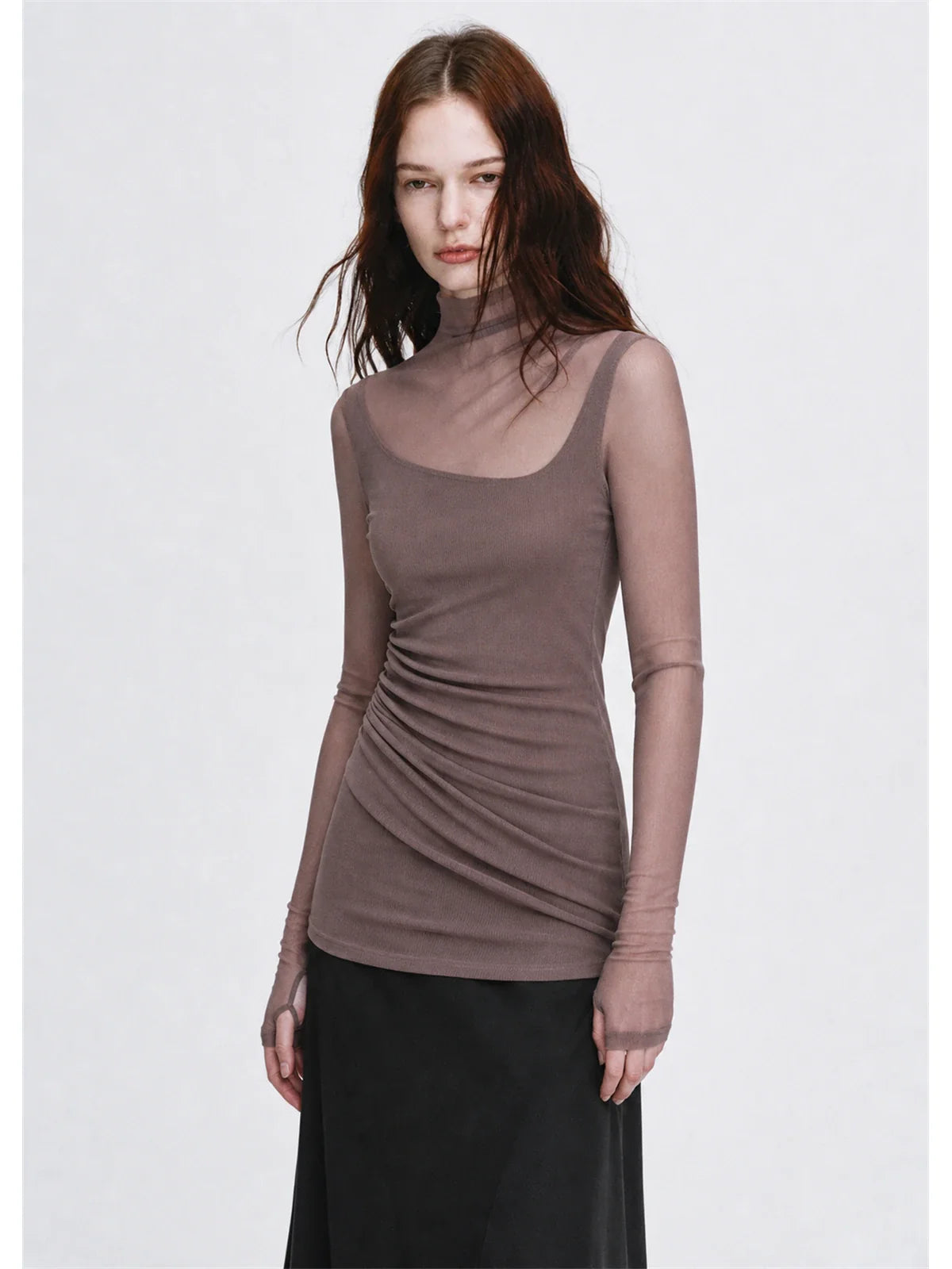 Pink brown double-layer transparent oblique collar fake two-piece knit top on EVA model side view