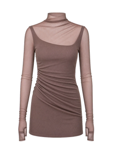 Pink brown double-layer transparent oblique collar fake two-piece knit top product cutout