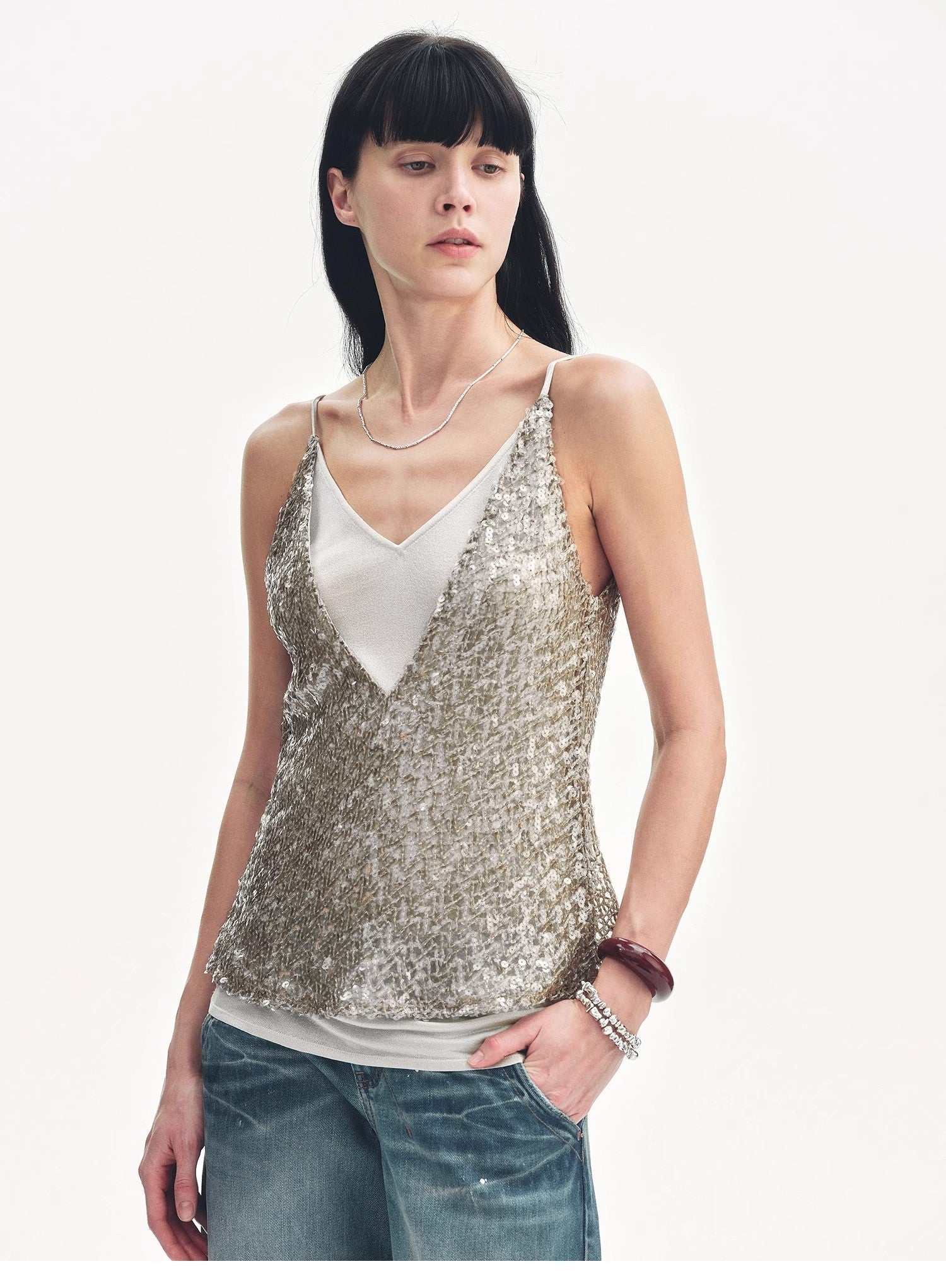 "Dream Catcher" Sequined Net Pattern Fake Two - Piece Deep V Waist Suspender Summer - variant_title
