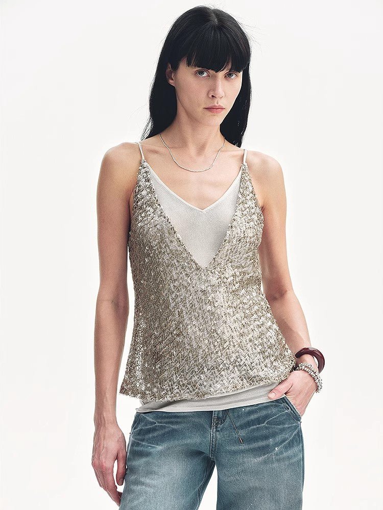 "Dream Catcher" Sequined Net Pattern Fake Two - Piece Deep V Waist Suspender Summer - variant_title