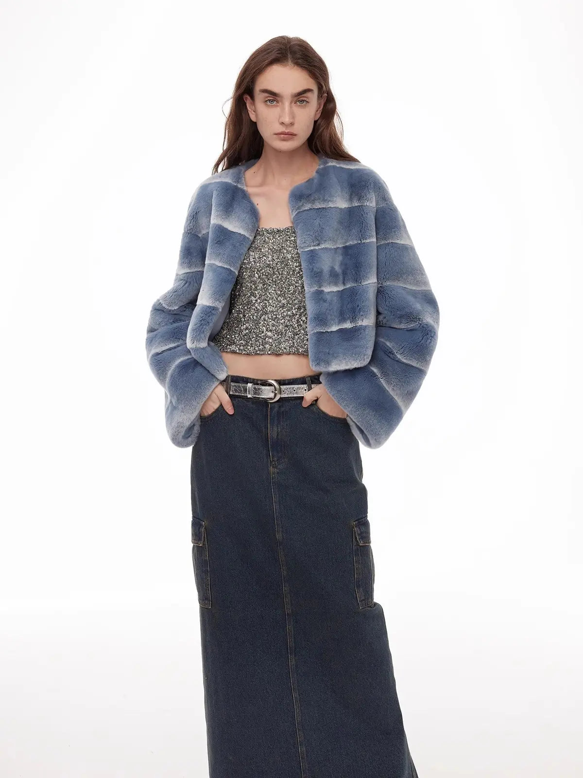 Dream Chaser denim blue Rex rabbit fur coat on model