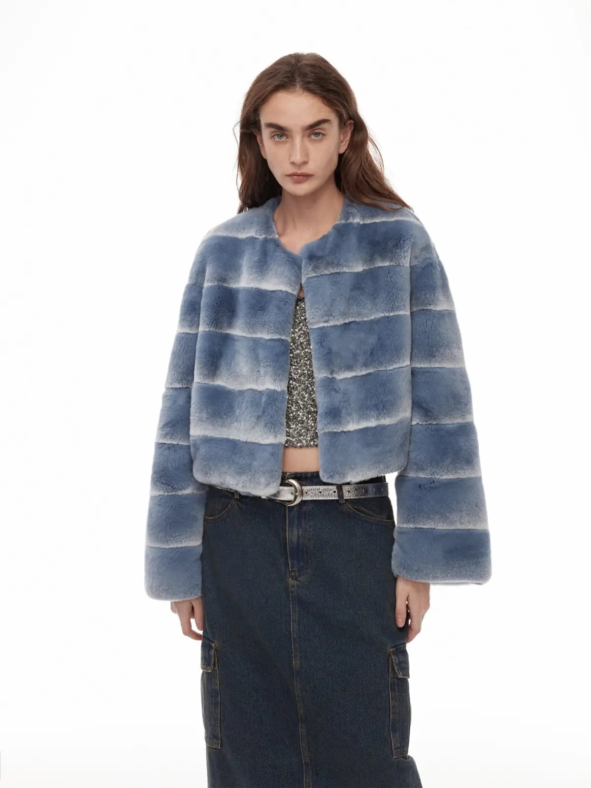 Dream Chaser denim blue striped rabbit fur coat front model view