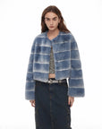 Dream Chaser denim blue striped rabbit fur coat front model view