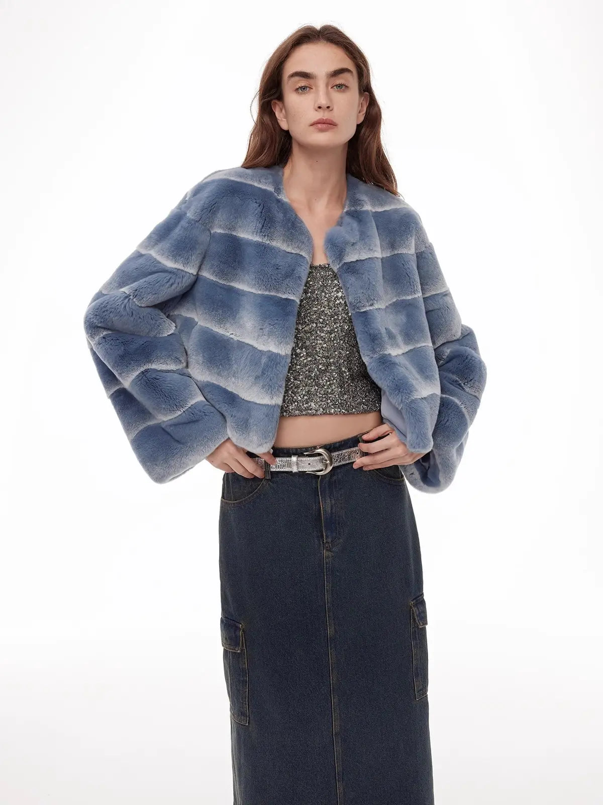 Dream Chaser denim blue Rex rabbit fur coat close-up styling view