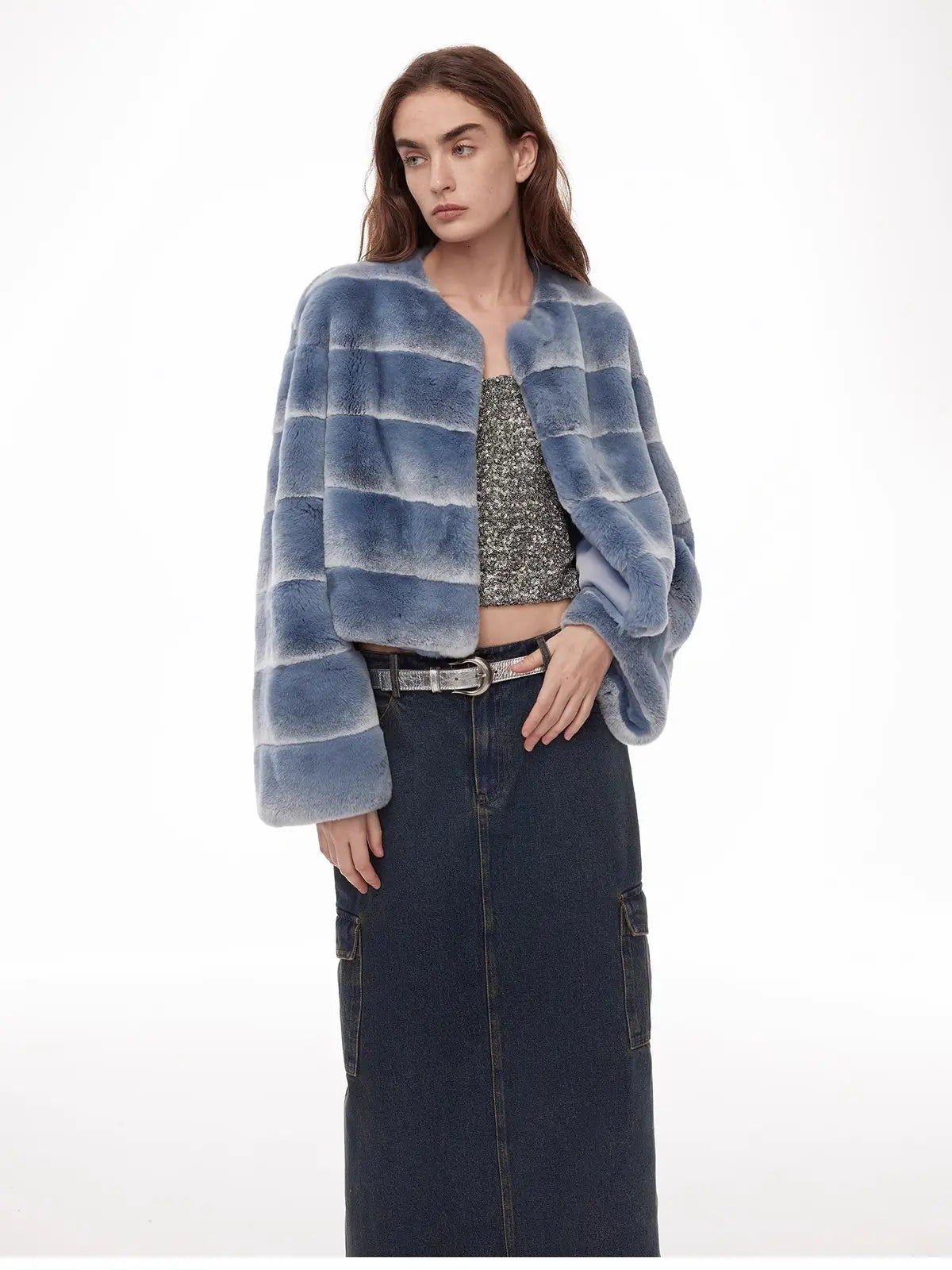 Dream Chaser denim blue striped rabbit fur coat three-quarter model view