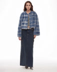 Dream Chaser denim blue striped Rex rabbit fur coat full-length model view
