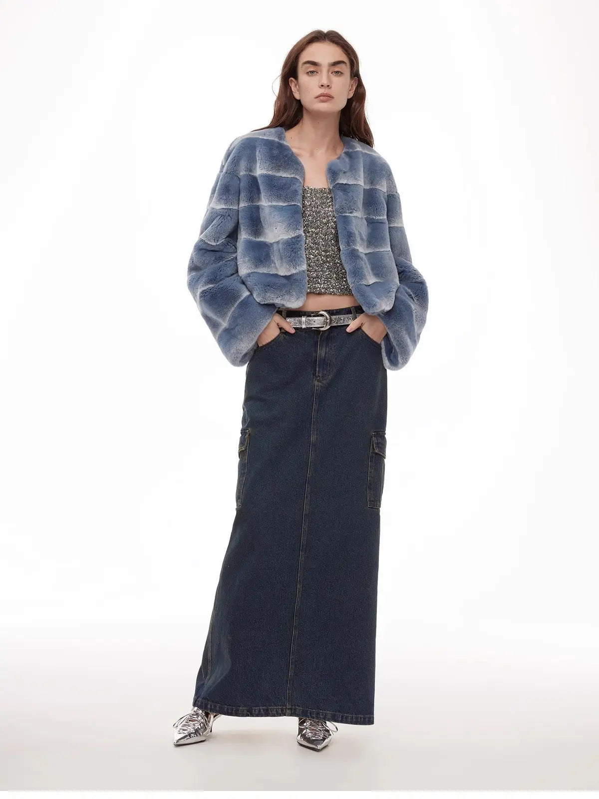 Dream Chaser denim blue rabbit fur coat relaxed model pose