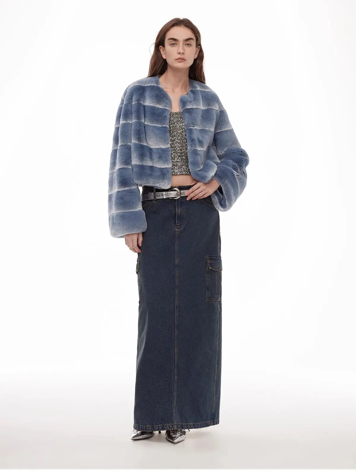 Dream Chaser denim blue striped rabbit fur coat standing model view