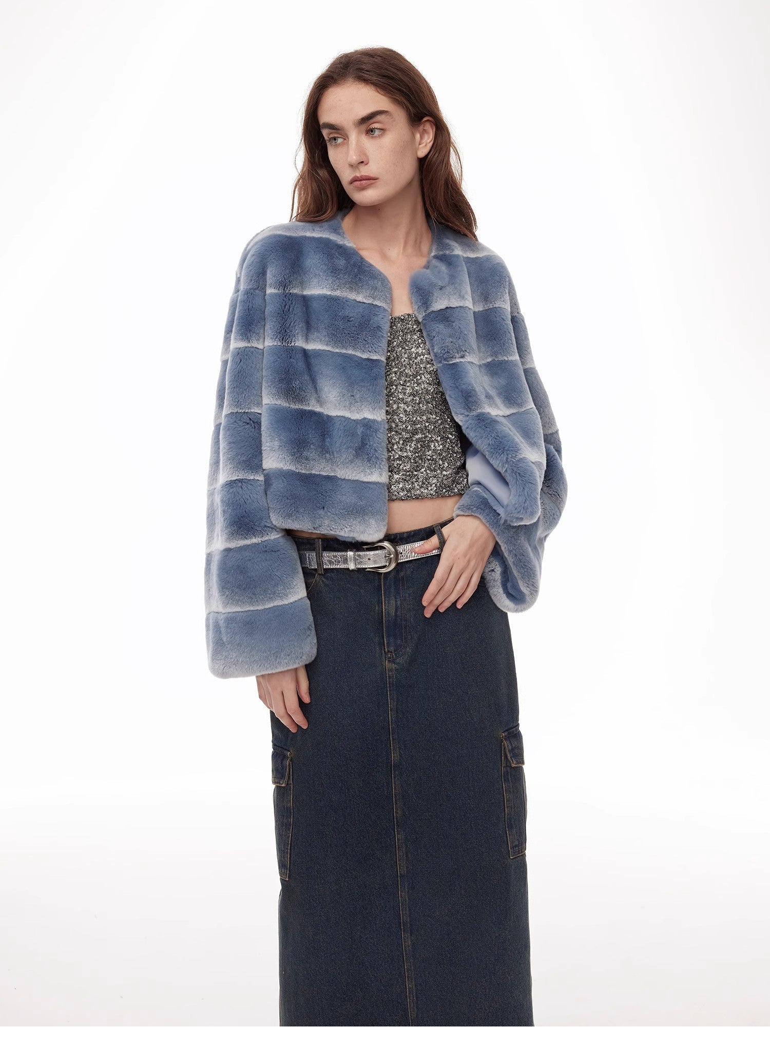 "Dream Chaser" round neck short horizontal spray stripe contrast color loose imported Rex rabbit fur coat - variant_title