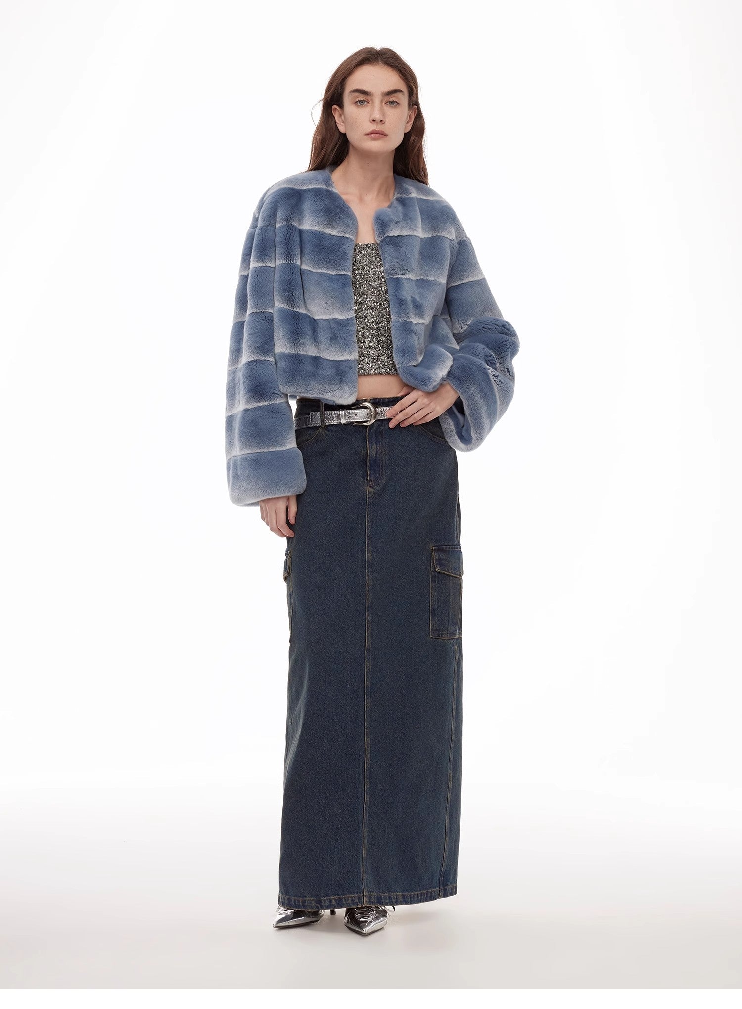 "Dream Chaser" round neck short horizontal spray stripe contrast color loose imported Rex rabbit fur coat - variant_title