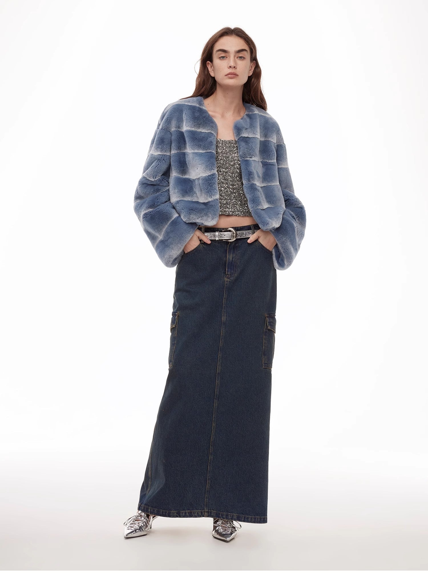 "Dream Chaser" round neck short horizontal spray stripe contrast color loose imported Rex rabbit fur coat - variant_title