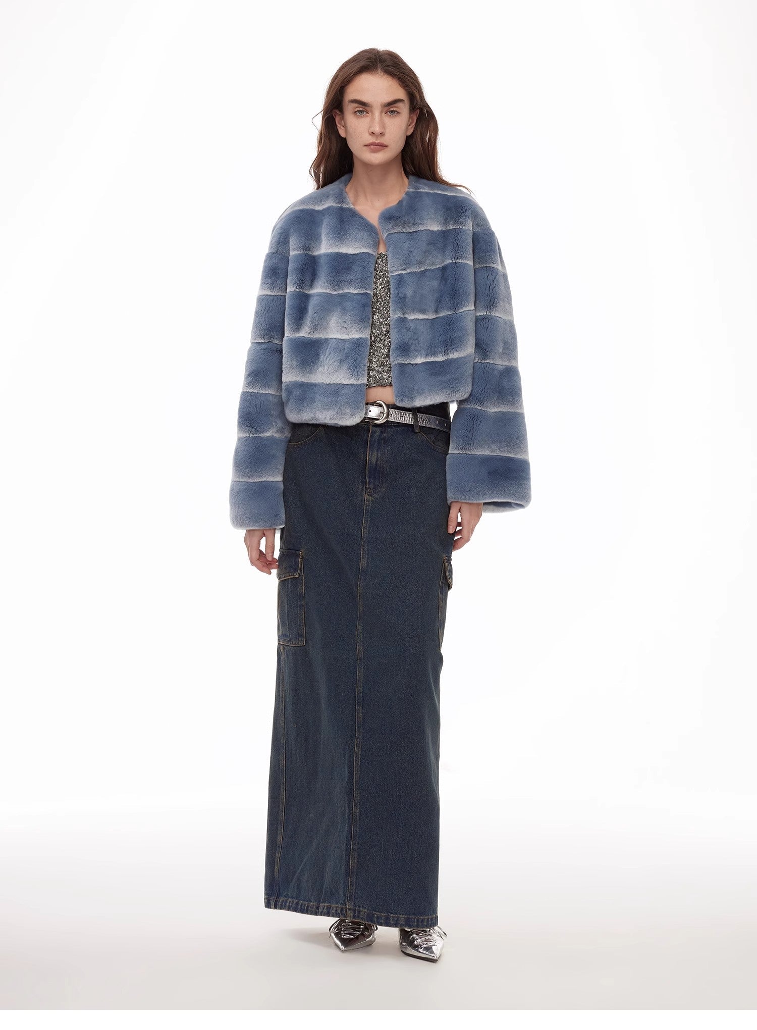 "Dream Chaser" round neck short horizontal spray stripe contrast color loose imported Rex rabbit fur coat - variant_title