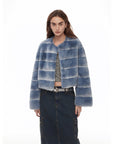 "Dream Chaser" round neck short horizontal spray stripe contrast color loose imported Rex rabbit fur coat - variant_title