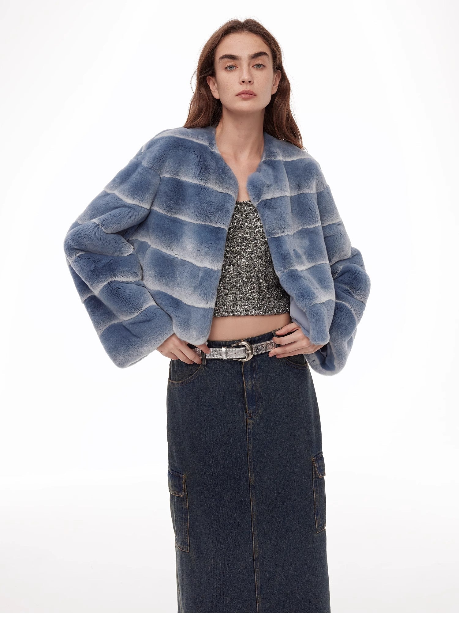"Dream Chaser" round neck short horizontal spray stripe contrast color loose imported Rex rabbit fur coat - variant_title
