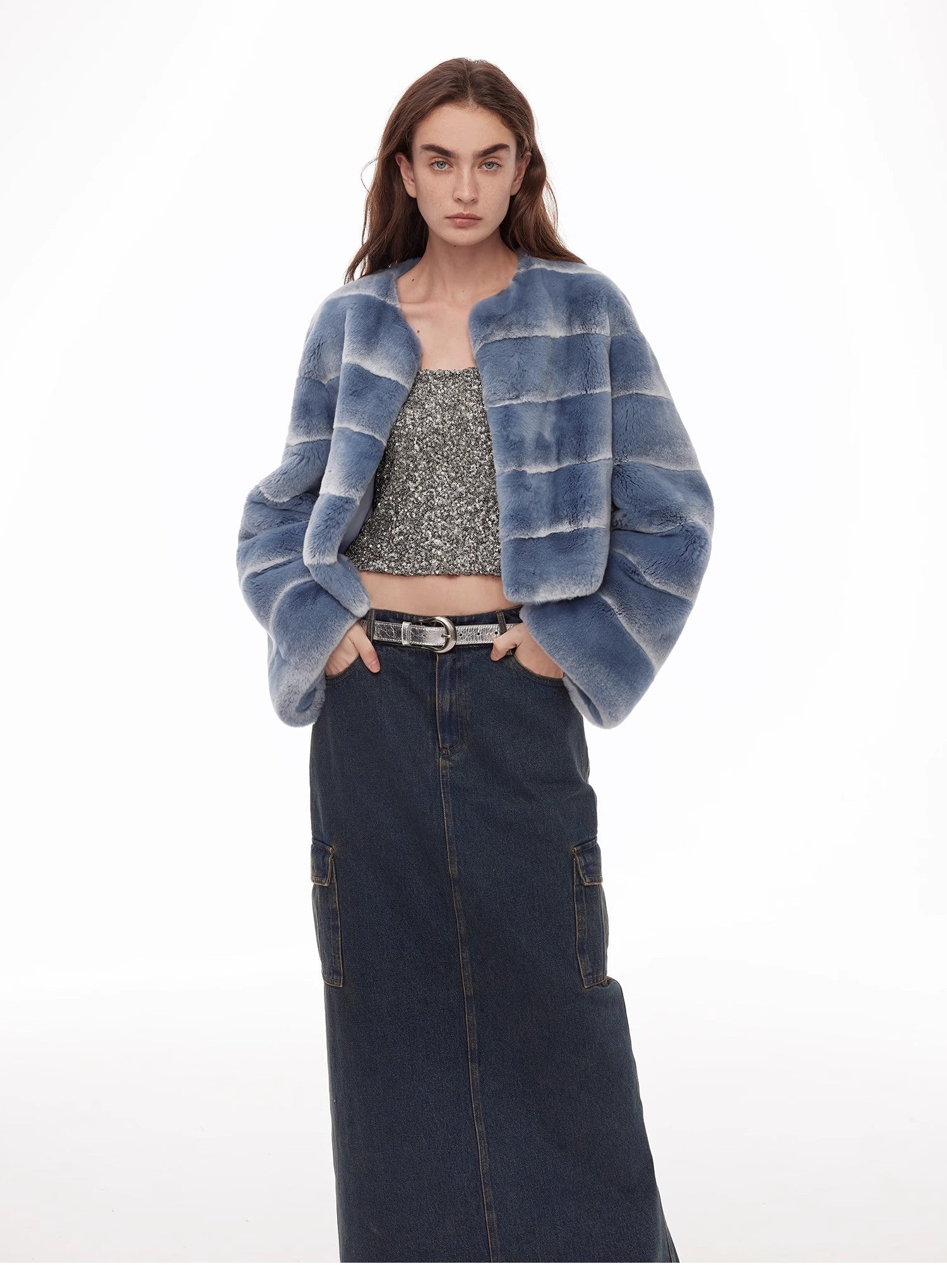 "Dream Chaser" round neck short horizontal spray stripe contrast color loose imported Rex rabbit fur coat - variant_title