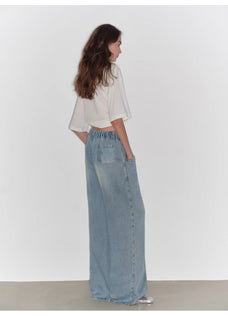 "Dream Street" Cool Lyocell Denim Drape Relaxed Elastic Waist Straight Leg Wide Leg Pants Summer - variant_title