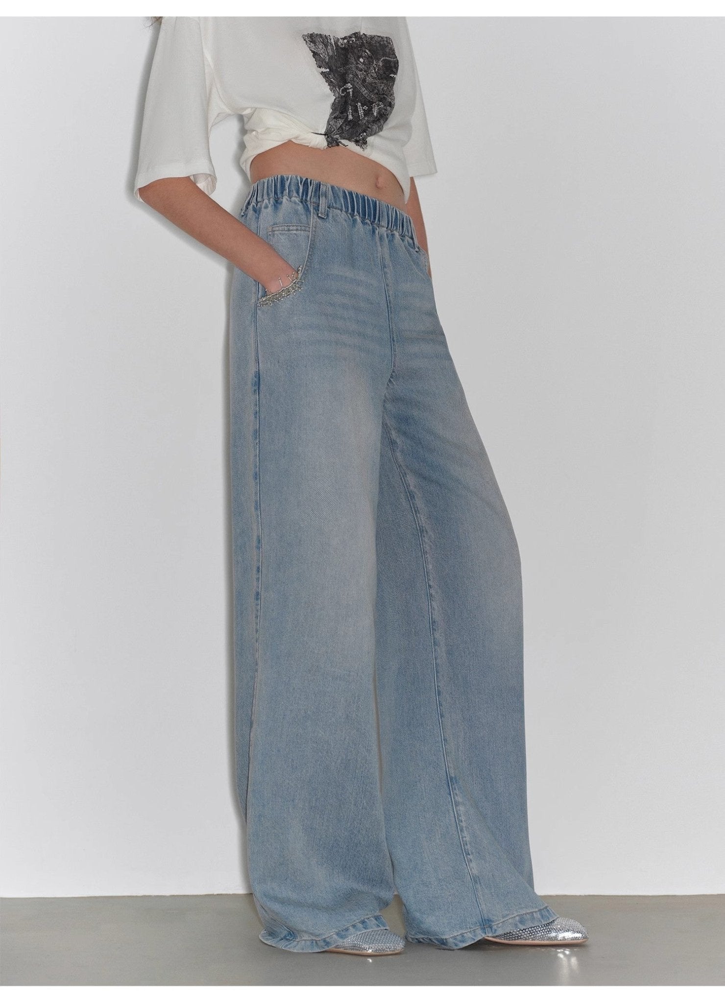 "Dream Street" Cool Lyocell Denim Drape Relaxed Elastic Waist Straight Leg Wide Leg Pants Summer - variant_title