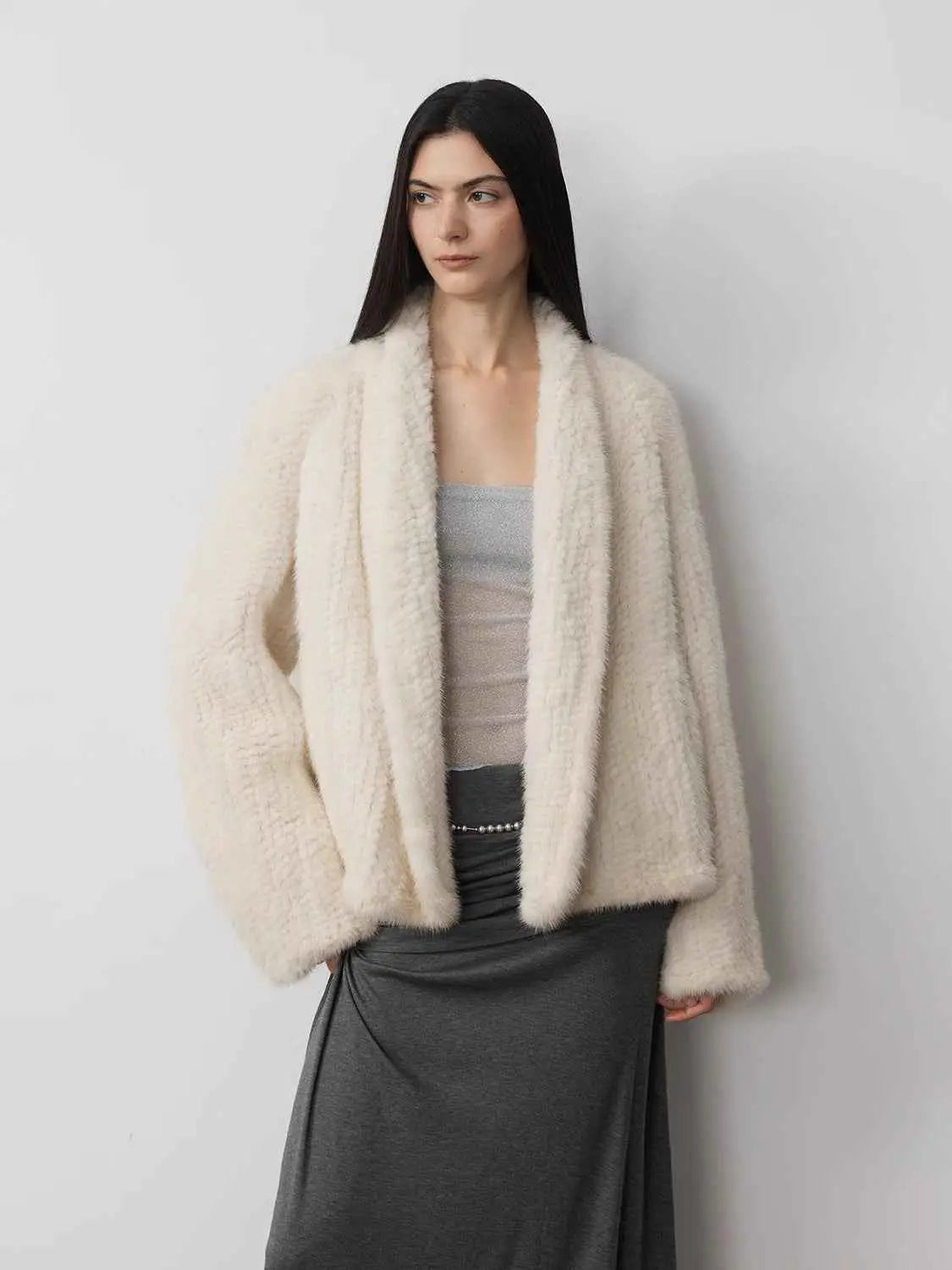 Dream Traveler Pearly White mink coat on model, front view