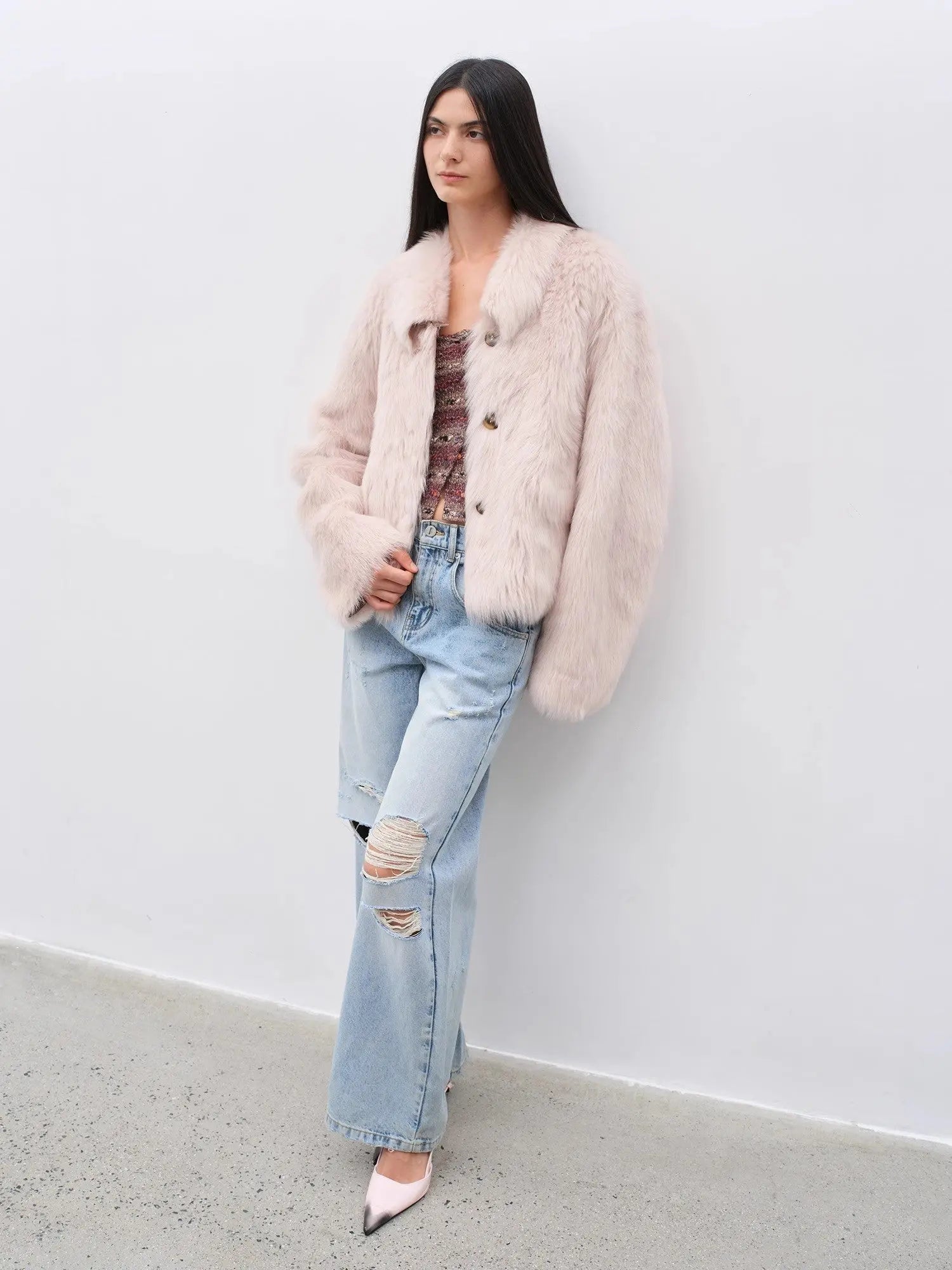 Dream Walk dirty pink Toscana wool shearling coat, full-length styling view