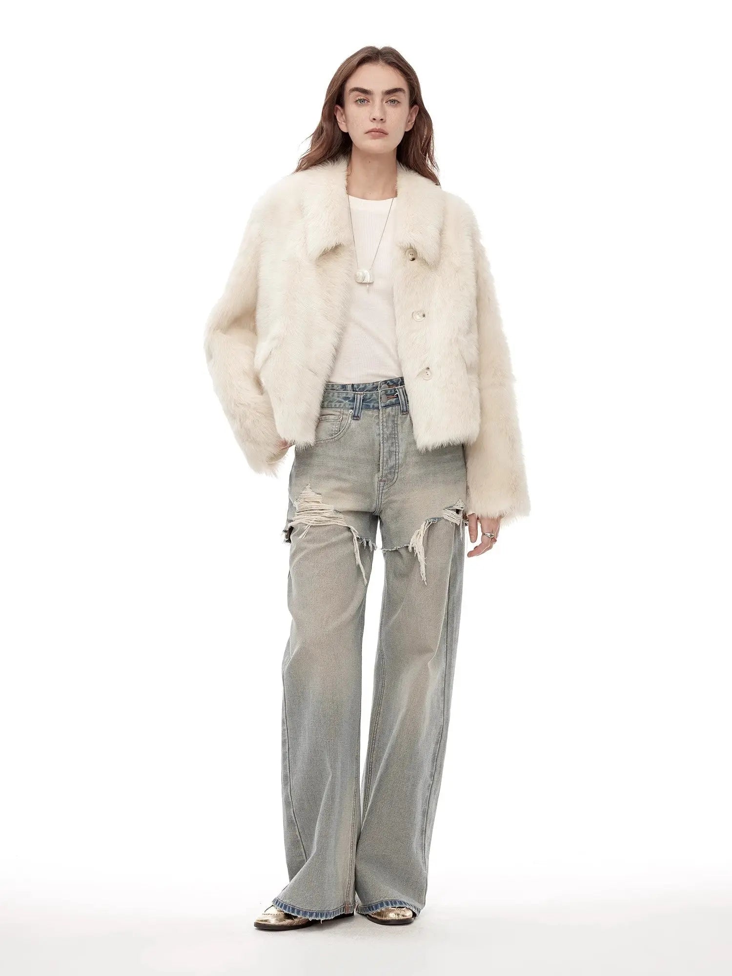 Dream Walk milky white Toscana wool shearling coat, full-length front view