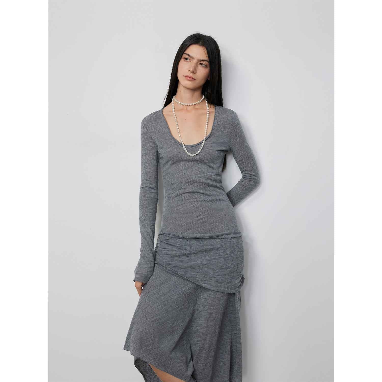"Dreamy Ball" Lightweight and Breathable 100% Wool / U - neck Irregular Hem Long Dress for Women - variant_title