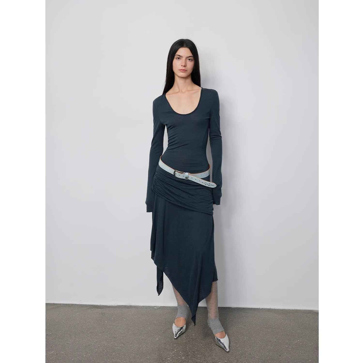"Dreamy Ball" Lightweight and Breathable 100% Wool / U - neck Irregular Hem Long Dress for Women - variant_title