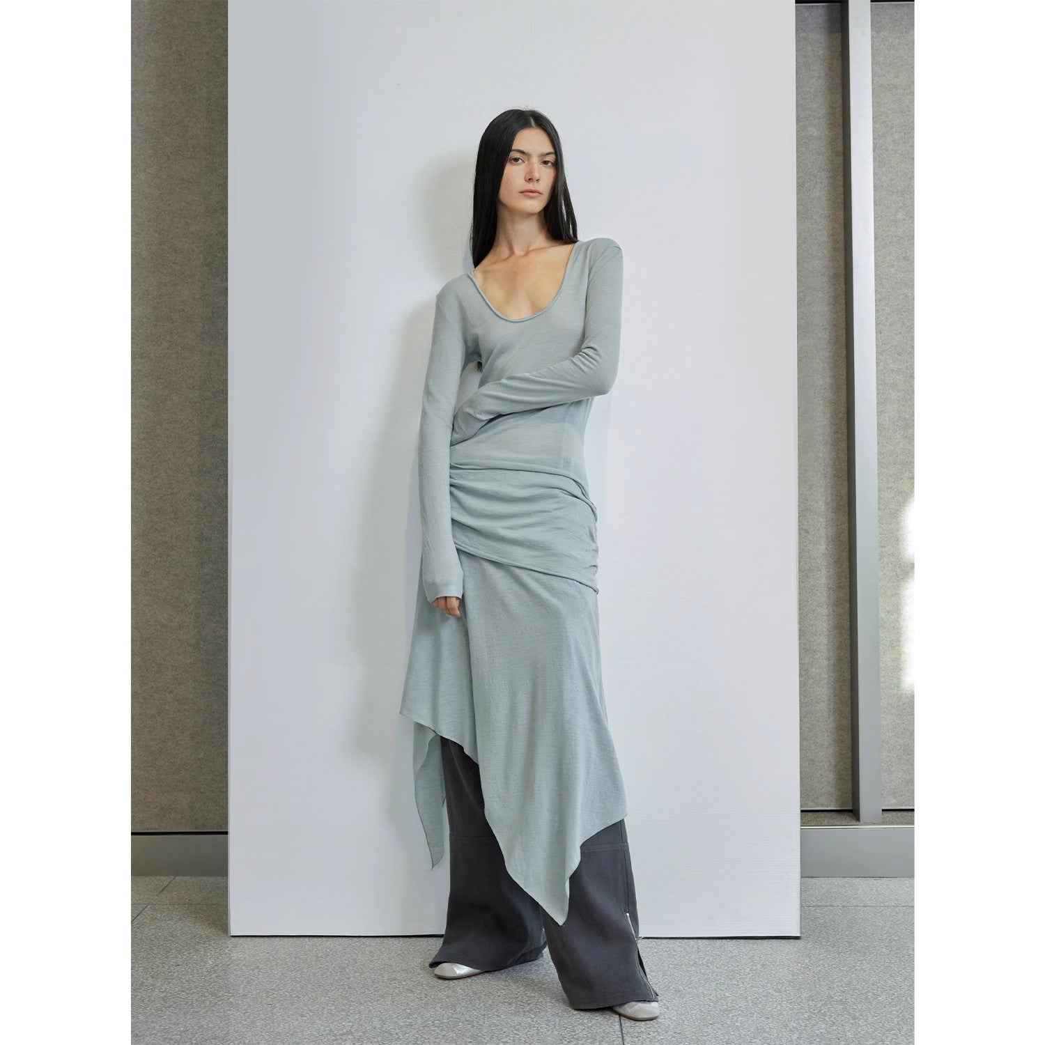 "Dreamy Ball" Lightweight and Breathable 100% Wool / U - neck Irregular Hem Long Dress for Women - variant_title