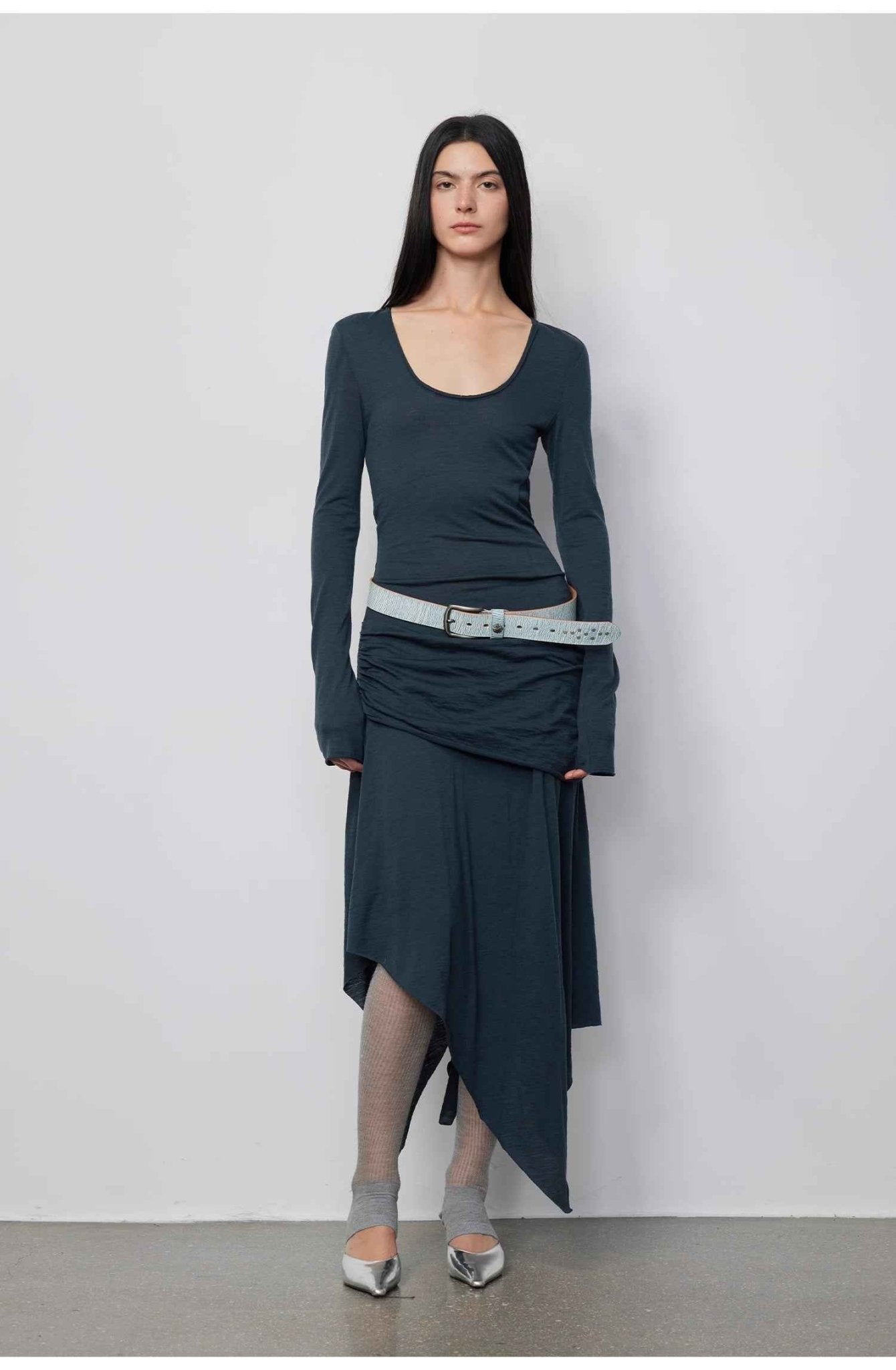 "Dreamy Ball" Lightweight and Breathable 100% Wool / U - neck Irregular Hem Long Dress for Women - variant_title