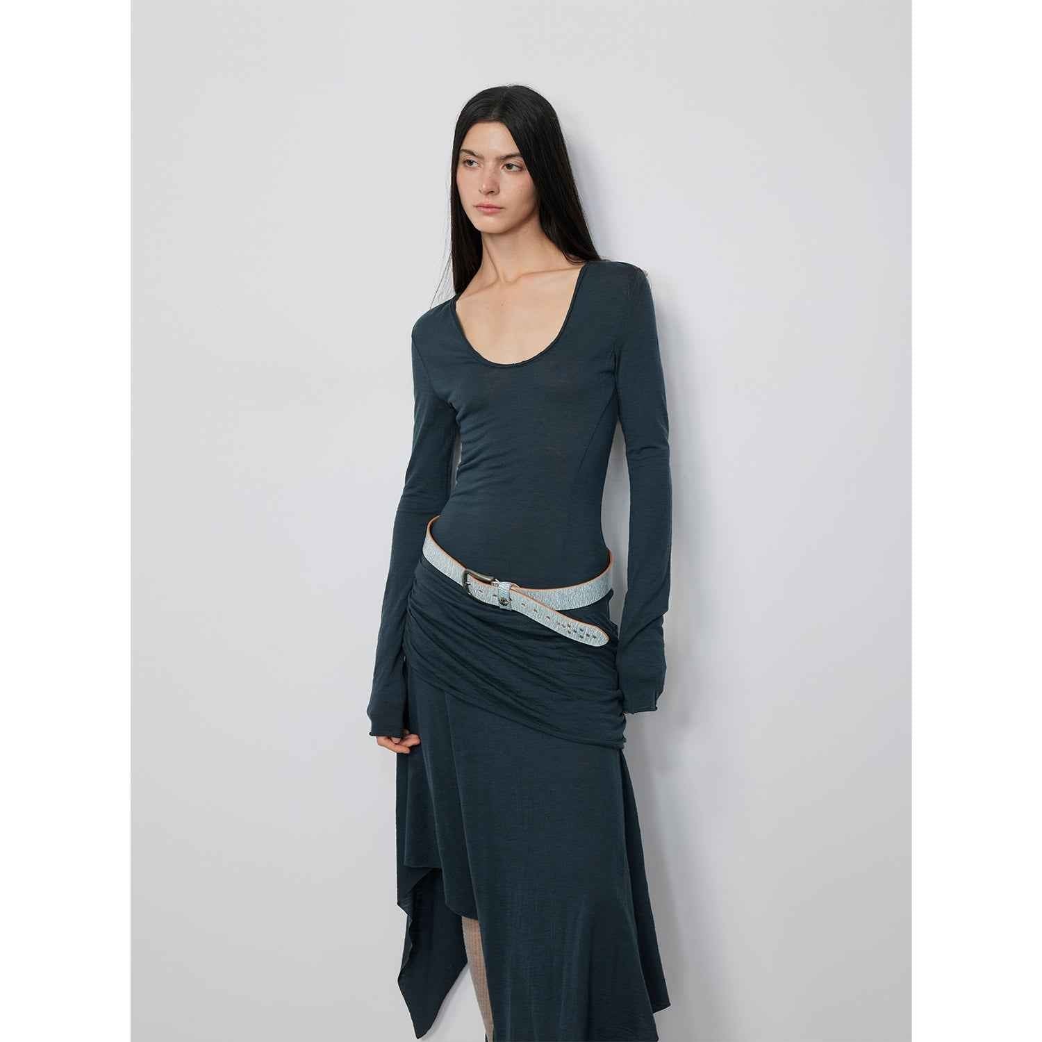 "Dreamy Ball" Lightweight and Breathable 100% Wool / U - neck Irregular Hem Long Dress for Women - variant_title