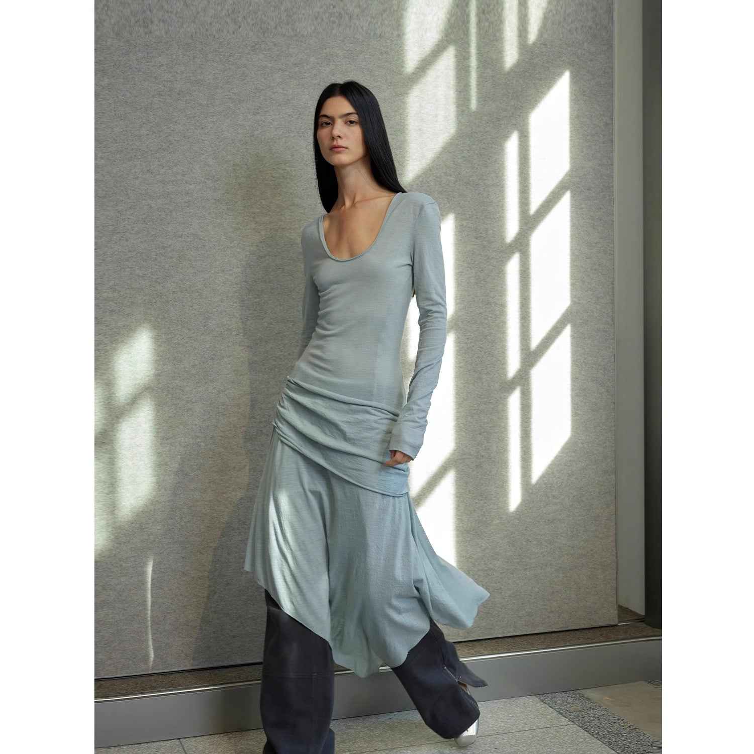 "Dreamy Ball" Lightweight and Breathable 100% Wool / U - neck Irregular Hem Long Dress for Women - variant_title