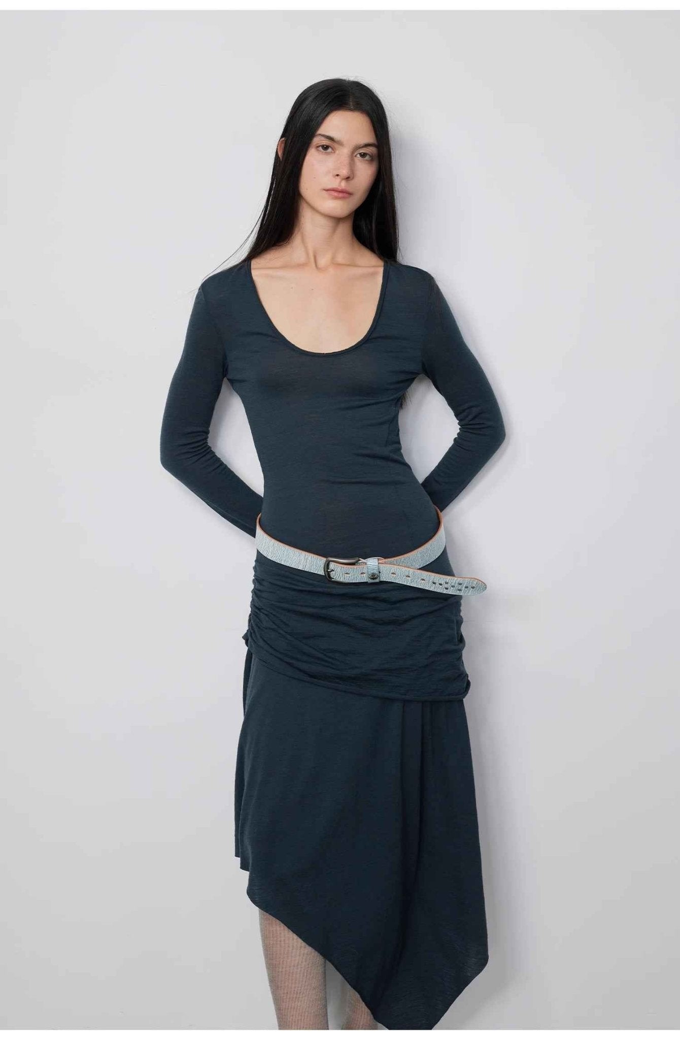 "Dreamy Ball" Lightweight and Breathable 100% Wool / U - neck Irregular Hem Long Dress for Women - variant_title
