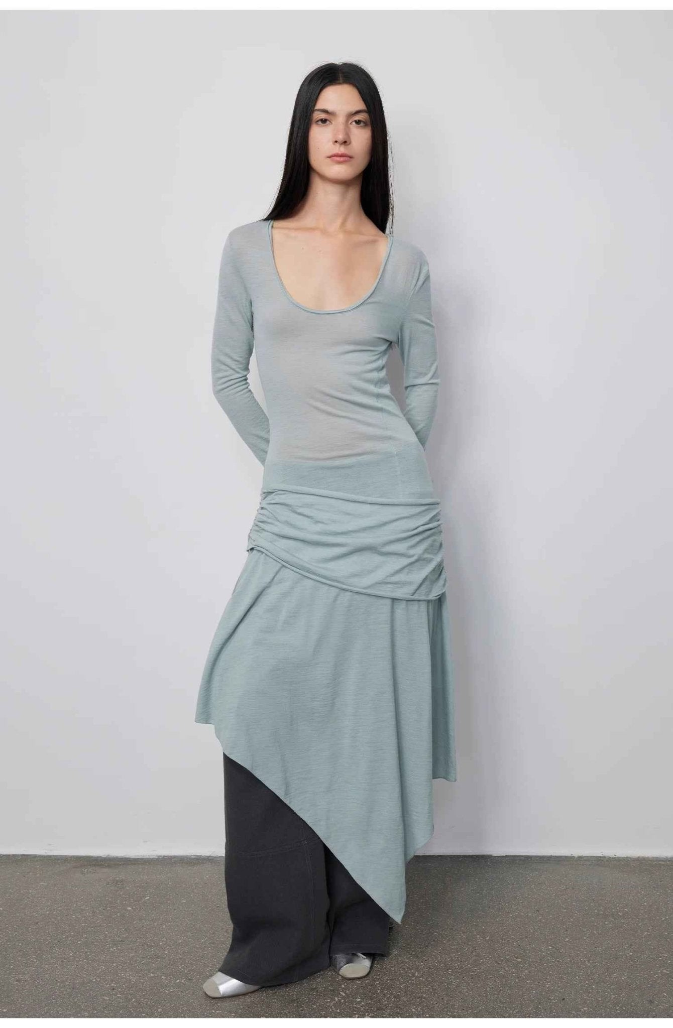 "Dreamy Ball" Lightweight and Breathable 100% Wool / U - neck Irregular Hem Long Dress for Women - variant_title