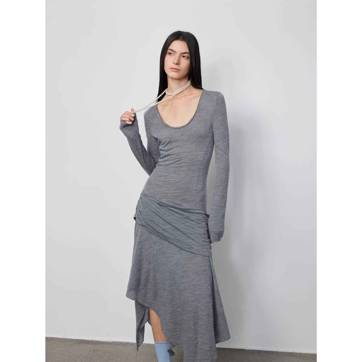 "Dreamy Ball" Lightweight and Breathable 100% Wool / U - neck Irregular Hem Long Dress for Women - variant_title