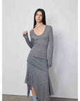 "Dreamy Ball" Lightweight and Breathable 100% Wool / U - neck Irregular Hem Long Dress for Women - variant_title