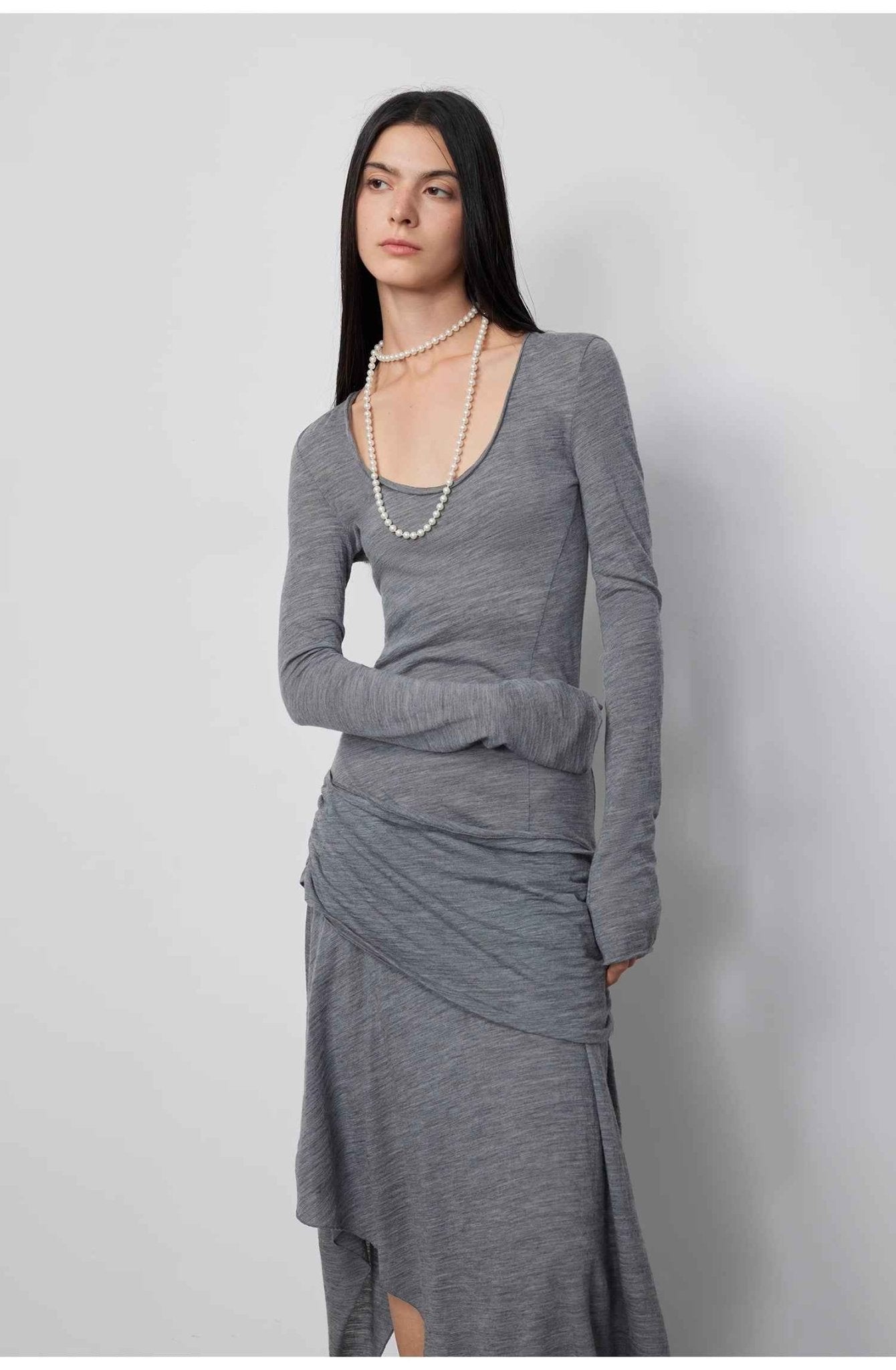 "Dreamy Ball" Lightweight and Breathable 100% Wool / U - neck Irregular Hem Long Dress for Women - variant_title