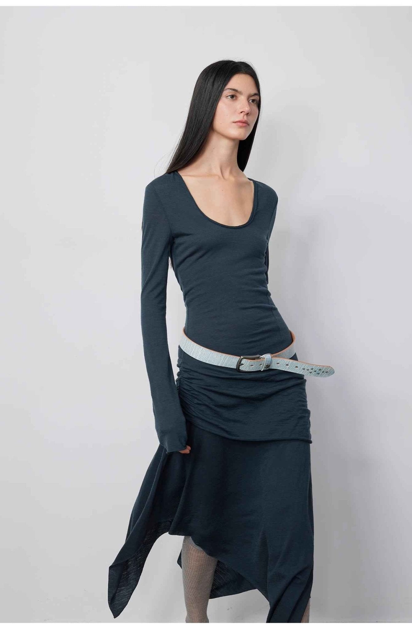 "Dreamy Ball" Lightweight and Breathable 100% Wool / U - neck Irregular Hem Long Dress for Women - variant_title
