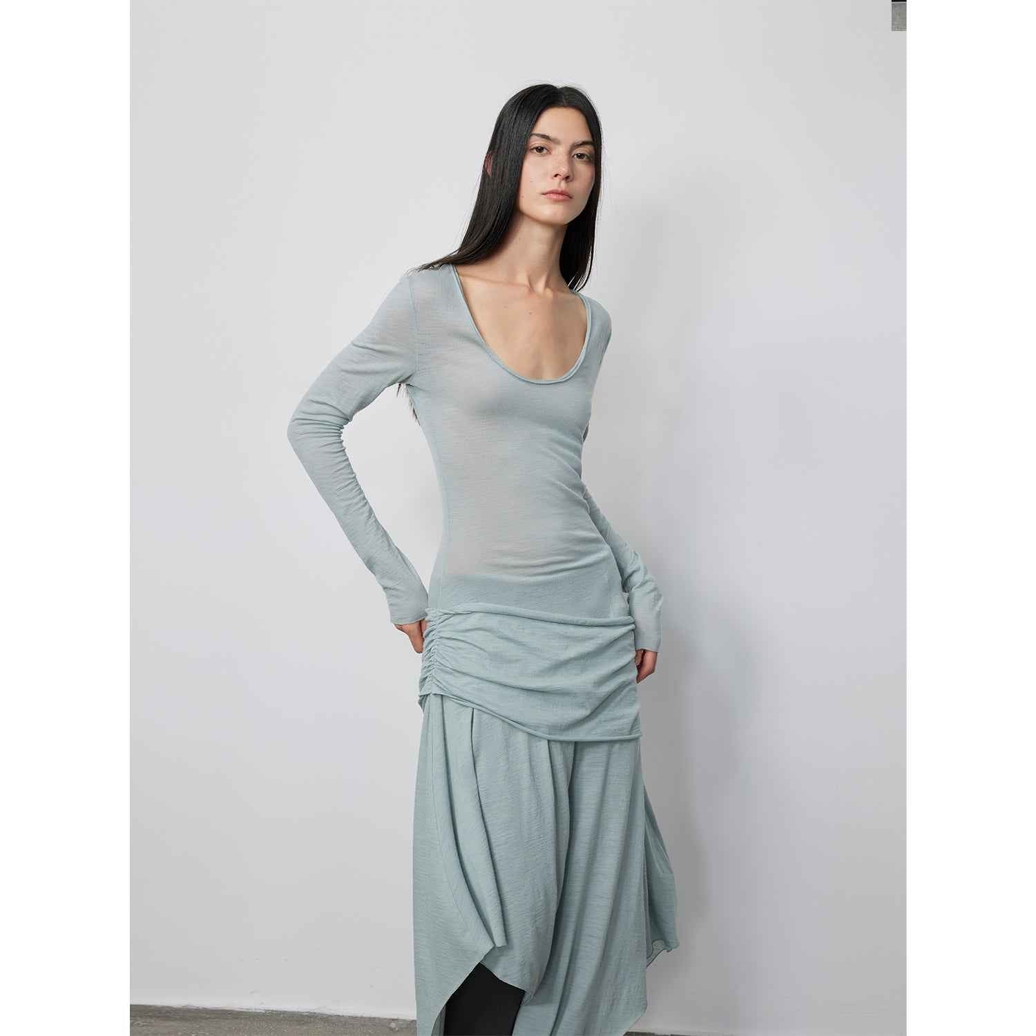 "Dreamy Ball" Lightweight and Breathable 100% Wool / U - neck Irregular Hem Long Dress for Women - variant_title