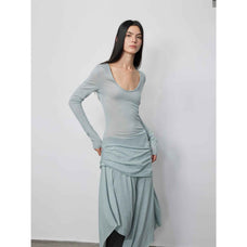 "Dreamy Ball" Lightweight and Breathable 100% Wool / U - neck Irregular Hem Long Dress for Women - variant_title