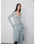 "Dreamy Ball" Lightweight and Breathable 100% Wool / U - neck Irregular Hem Long Dress for Women - variant_title