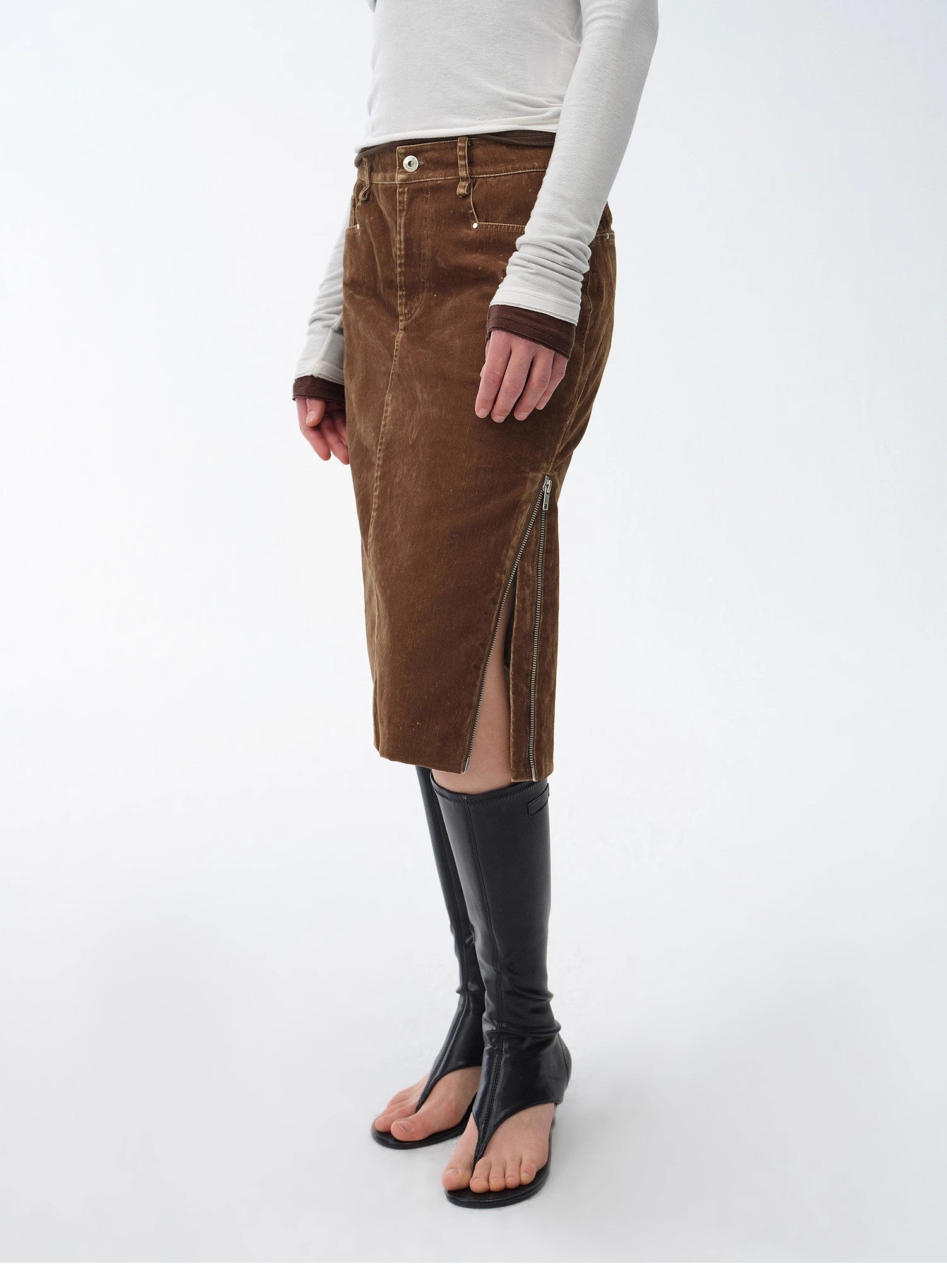 "Early Spring Sun" Retro Distressed Flocked Denim Straight Skirt Side Zipper Slit Skirt - variant_title